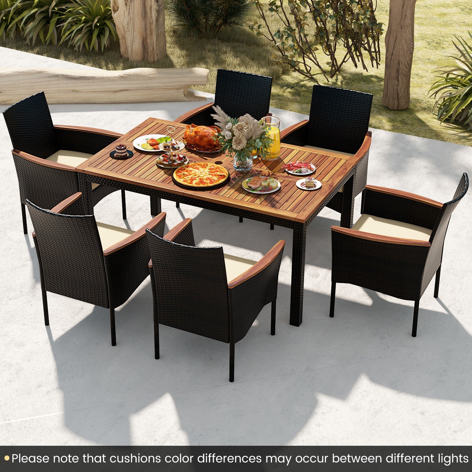 Costway 7-Pc Rattan Patio Dining Set Stackable Chairs Umbrella Hole 84925367 New