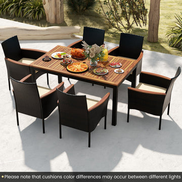 Costway 7-Pc Rattan Patio Dining Set Stackable Chairs Umbrella Hole 84925367 New