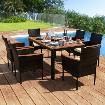 Costway 7-Pc Rattan Patio Dining Set Stackable Chairs Umbrella Hole 84925367 New
