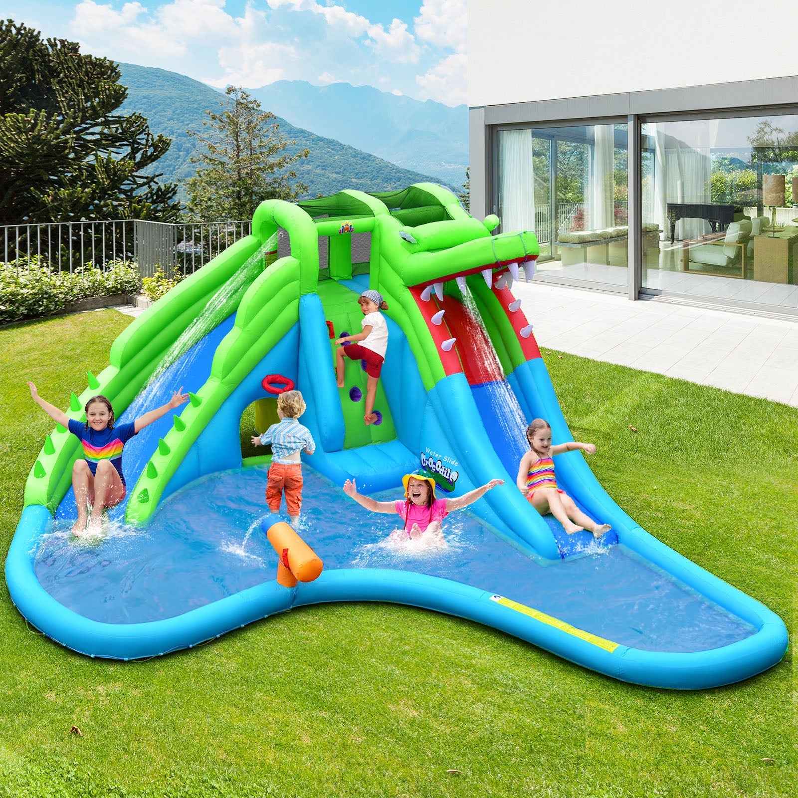 Costway Inflatable Crocodile Water Slide Bounce Castle w/ 680W Blower 81297465 New