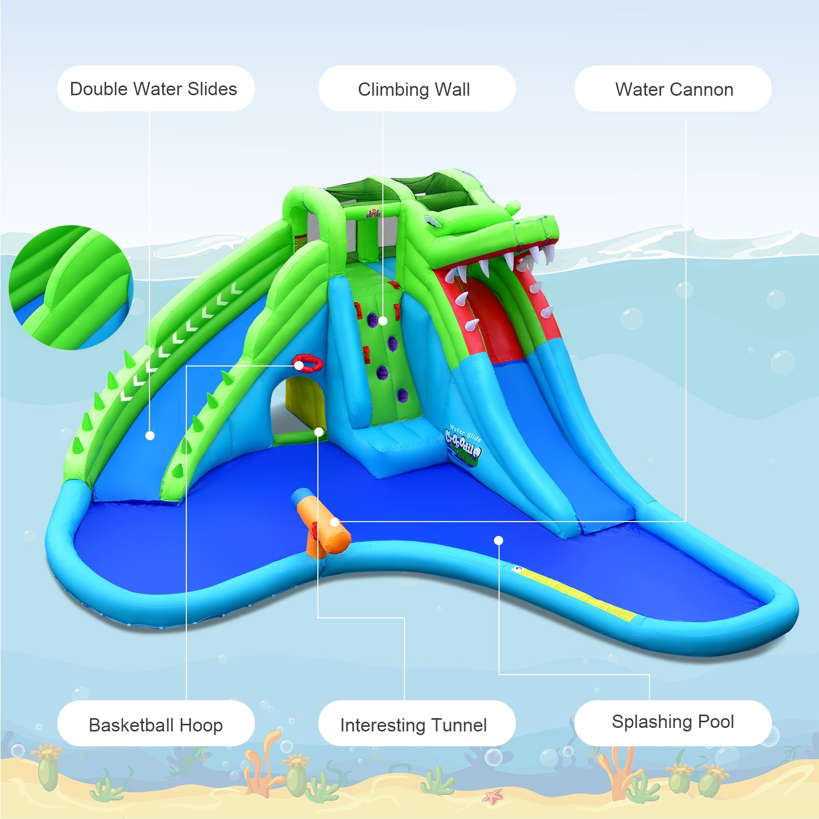 Costway Inflatable Crocodile Water Slide Bounce Castle w/ 680W Blower 81297465 New