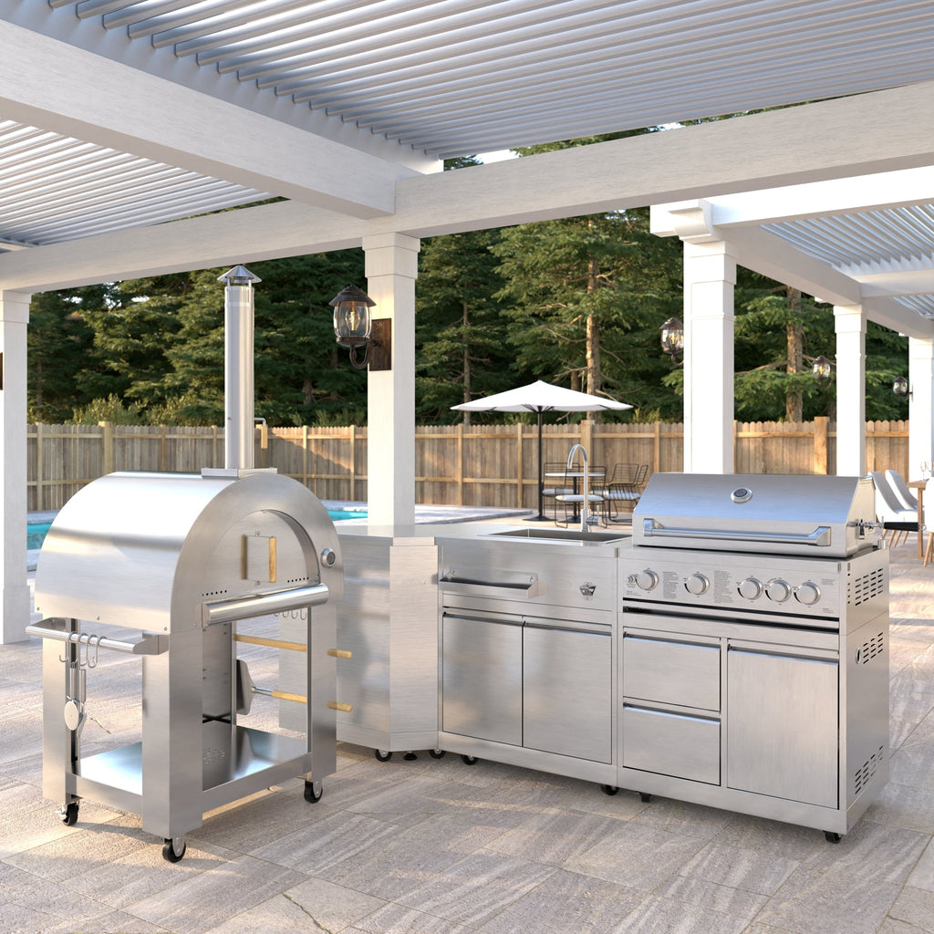 KoolMore Outdoor Kitchen Series Modular Kitchen with a Wood Fire Pizza Oven, Corner Cabinet, Sink, 30 in. BBQ Grill and Cabinet in Stainless-Steel