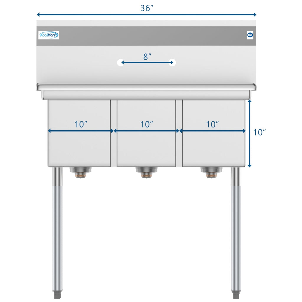 36 in. Three Compartment Stainless Steel Commercial Sink, Bowl Size 10" x 14" x 10"