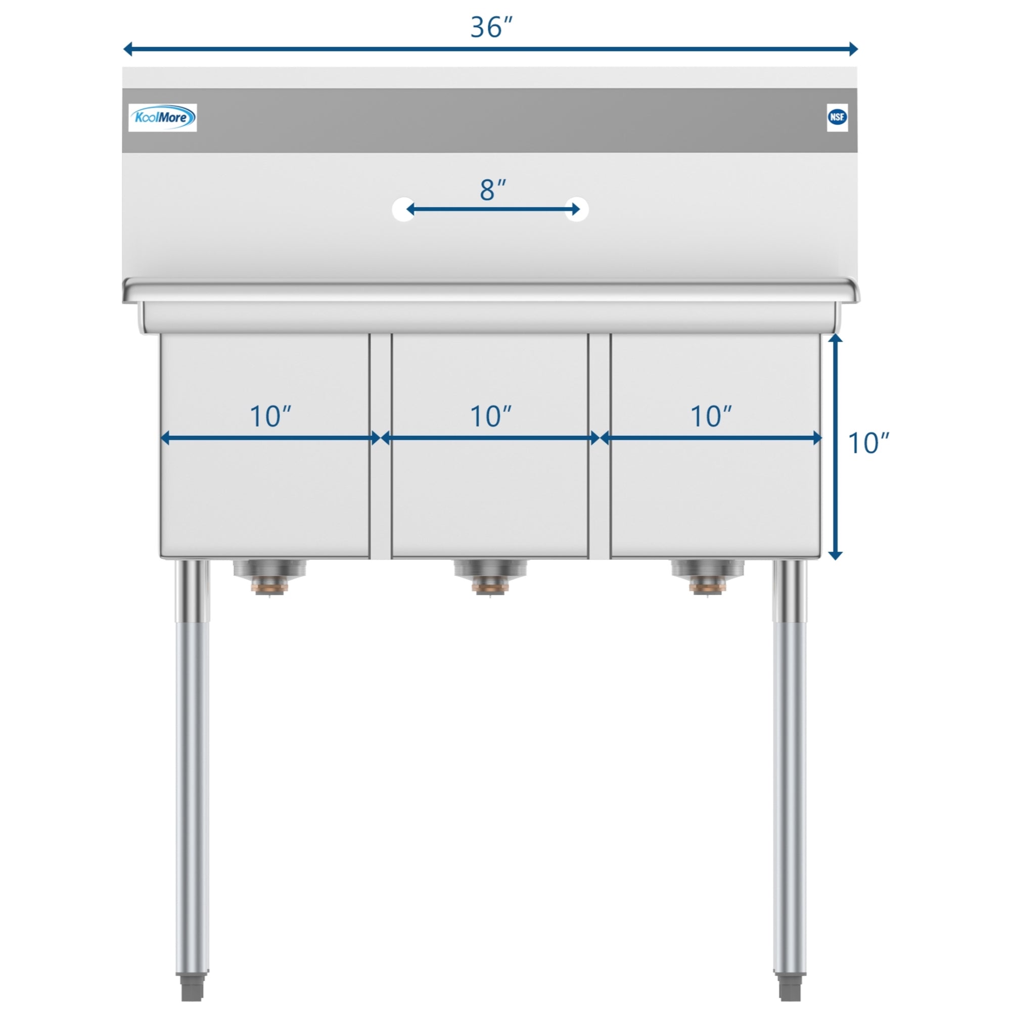 36 in. Three Compartment Stainless Steel Commercial Sink, Bowl Size 10" x 14" x 10"