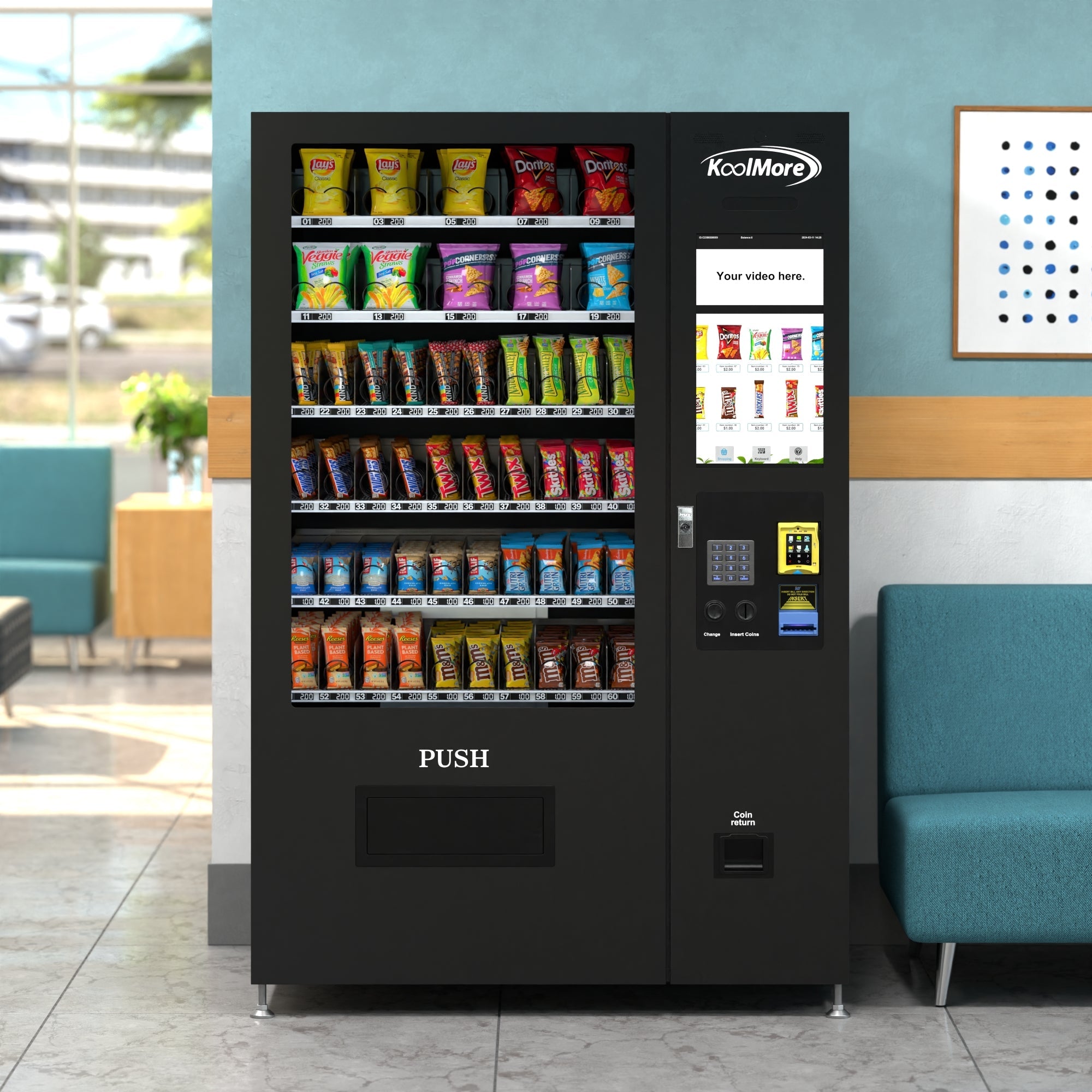 50 in. 60-Slot Snack Vending Machine with 22-inch Touch Screen, Credit Card Reader and Bill Acceptor in Black, Non-Refrigerated