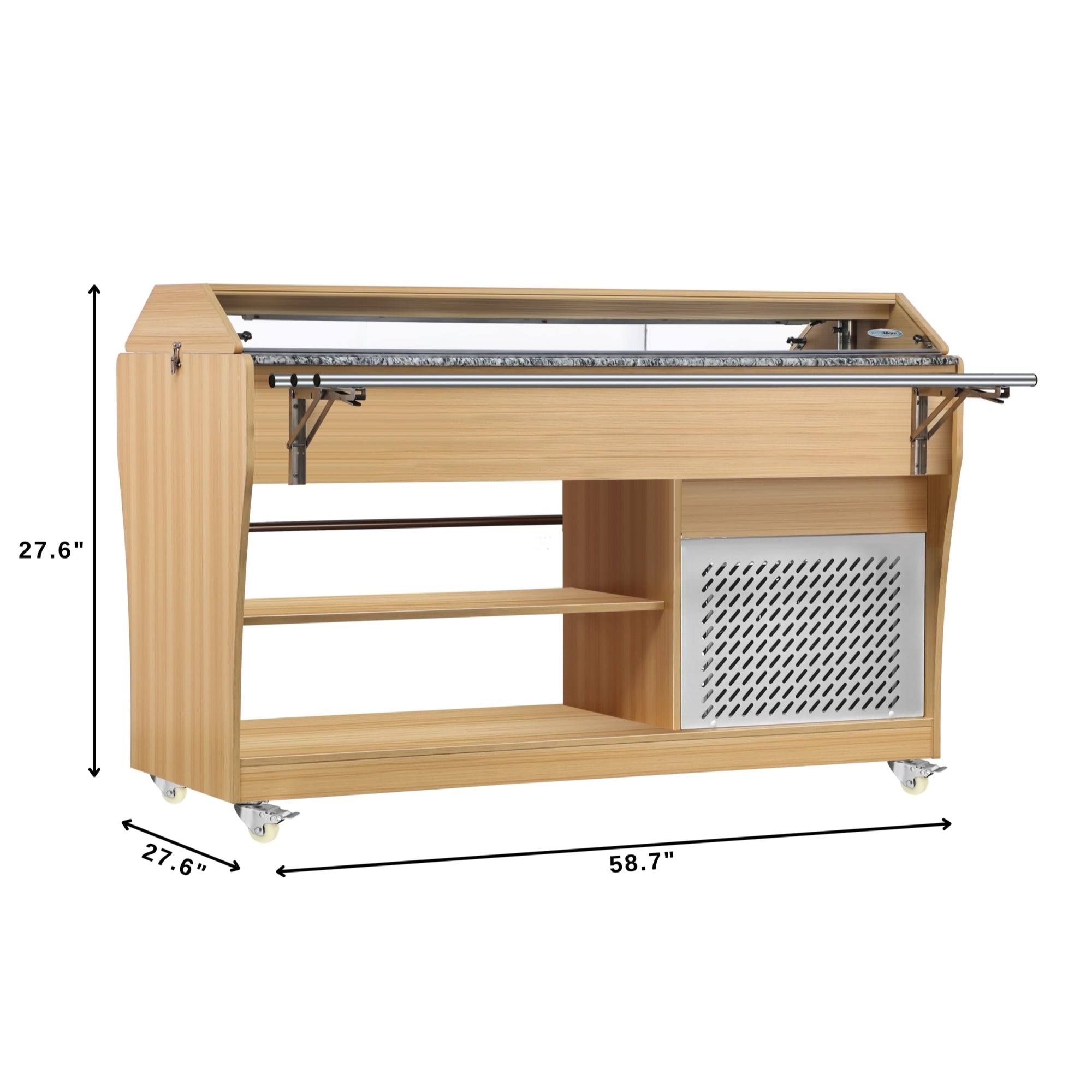 59 in. Commercial Refrigerated Buffet Table with Capacity for 4 Full-Size GN Pans, Featuring Adjustable Cover, a Serving Rail and 4 Lockable Casters in Wooden Finish