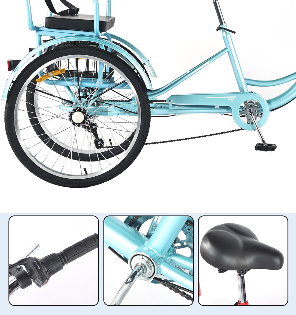 DONGSHAN Tricycle Adult Folding Bicycle Comfortable seat 3 Wheel Bicycle Rear Enlarged Vegetable Basket Double Chain 20/24in for Parents and Children Maximum Load 440lbs 7speed (24in-Blue)