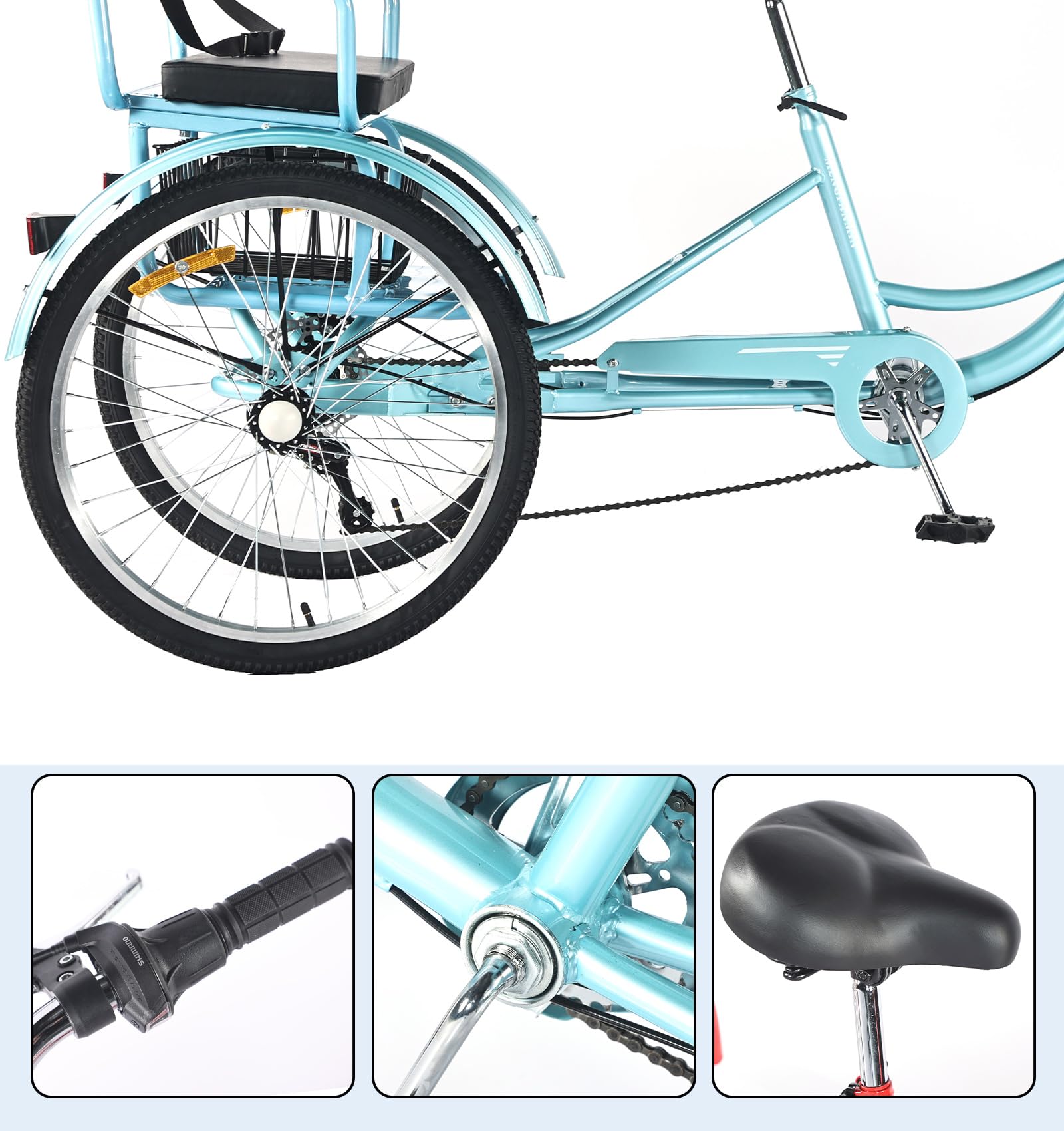 DONGSHAN Tricycle Adult Folding Bicycle Comfortable seat 3 Wheel Bicycle Rear Enlarged Vegetable Basket Double Chain 20/24in for Parents and Children Maximum Load 440lbs 7speed (24in-Blue)