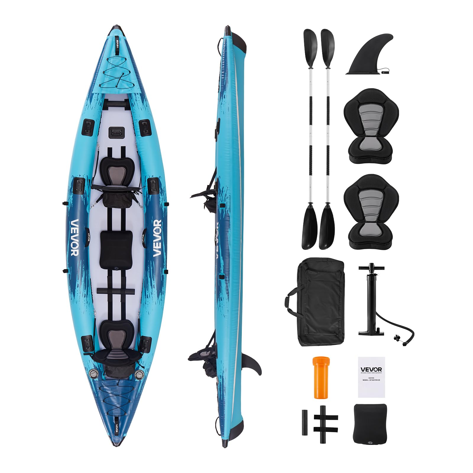 VEVOR 2-Person Inflatable Kayak, 14'4" x 3'7" – Extra Spacious for Family & Dogs, 700-lb Capacity Sit-in Kayak with Accessories, Includes 2 Paddles, Pump & Carry Bag – Perfect for Fishing and Touring