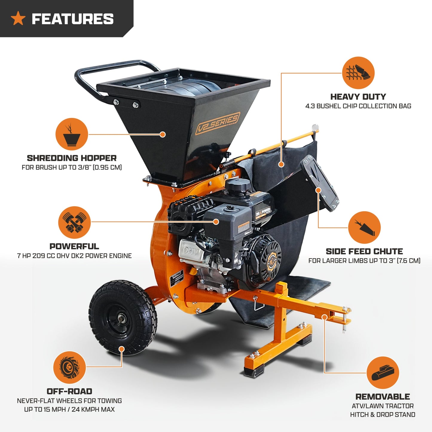 DK2 Chipper Shredder 3" Capacity 7 HP Gas Powered with Chip Bag OPC513-V2 New
