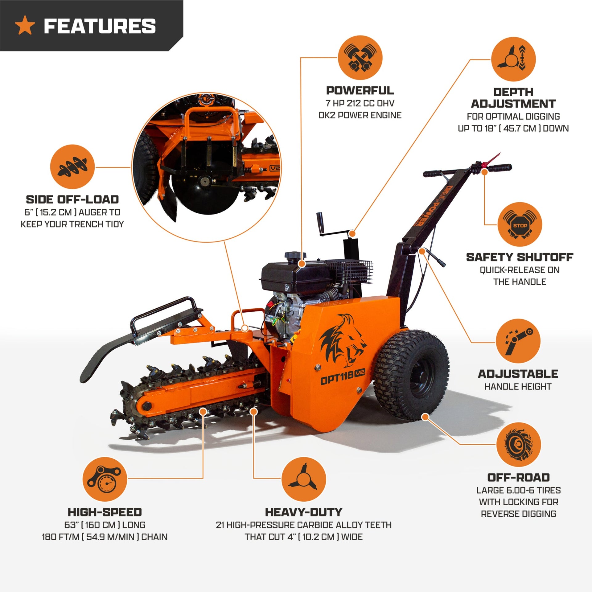 DK2 Trencher 18" Depth 7 HP 212cc Engine OPT118-V2 New