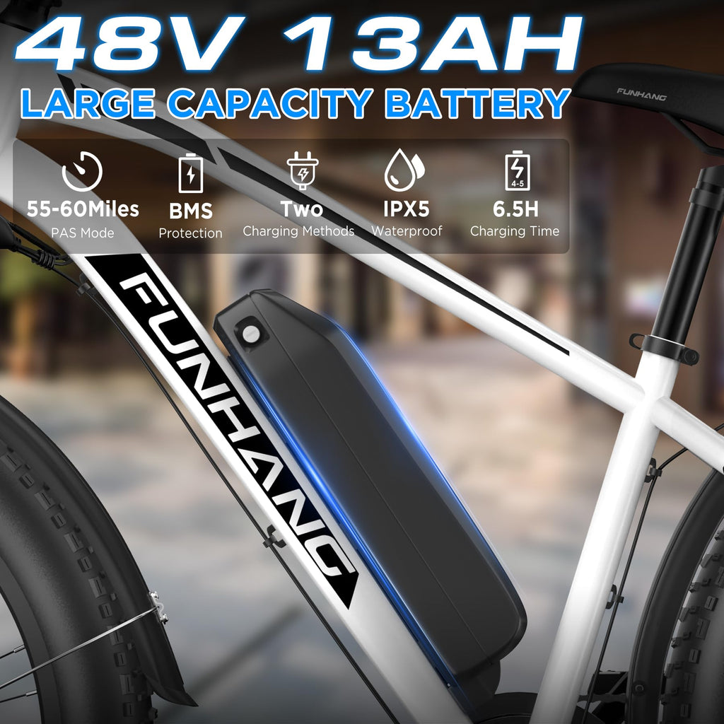 Funhang Electric Bike for Adults, 1000W Peak Ebike, 20MPH 60Miles Electric Mountain Bike, 26" Fat Tire Electric Bicycle with 48V 13AH Battery, Front Suspension,7 Speed, Rear Rack, UL 2849 Certified