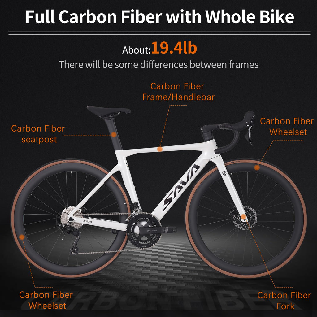 SAVADECK Carbon Fiber Road Bike, Hydraulic Oil Disc Bike with Carbon Fiber Frame and Wheelset, Lightweight Full Carbon Racing Bicycle with Shimano R7120 24S Shift Set for Adults(White,51cm)