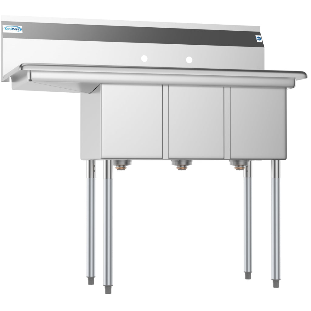 45 in. Three Compartment Stainless Steel Commercial Sink with Drainboard, Bowl Size 10"x 14"x 10"