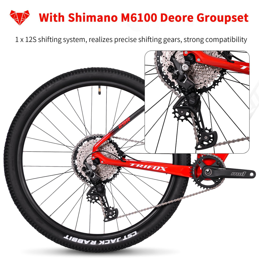 TRIFOX Carbon Fiber Mountain Bike with Shimano M6100 Deore Groupset 12-Speed,Carbon Fiber Frame,Hydraulic Fork 130mm Travel,29er Mountain Bike for Adult 17/19 inch (Red, 29er * 17 inch)