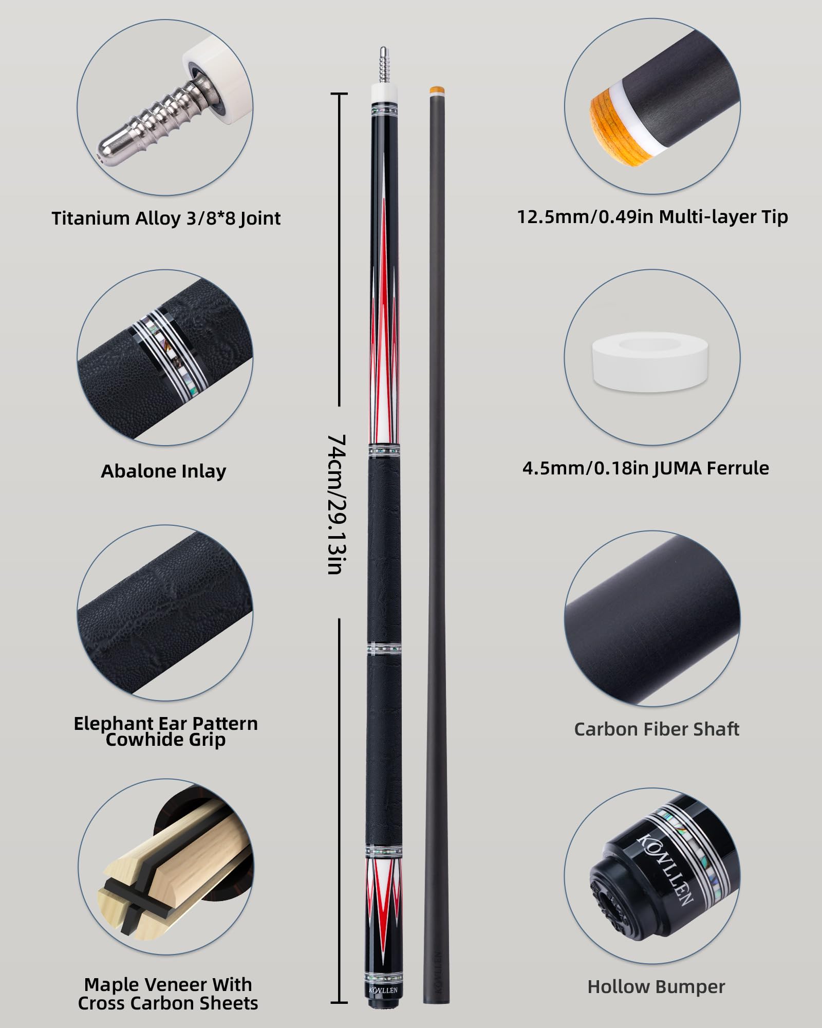 KONLLEN 2.0 Carbon Fiber Pool Cue with Professional Taper | Low Deflection Hand-Made Inlay Billiard Stick | Ultra-Smooth Shaft for Adult & League Players