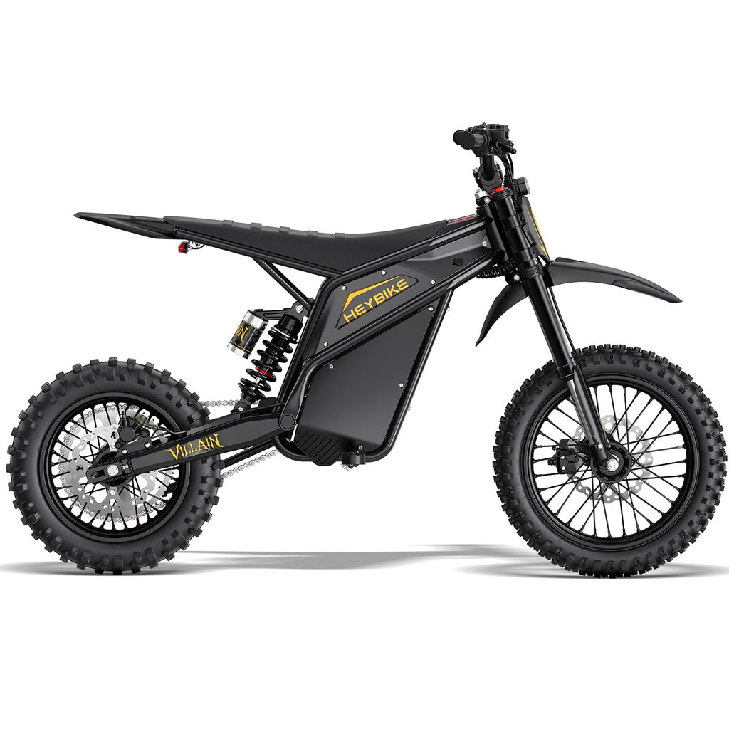 Heybike Villain Electric Dirt Bike, 4160W E Dirt Bike with 52V 26AH Battery, 14"/12" Fat Tire Electric Motorcycle for Teens, Max 45MPH Ebike with Reversing Function（Standard; Inky Black）