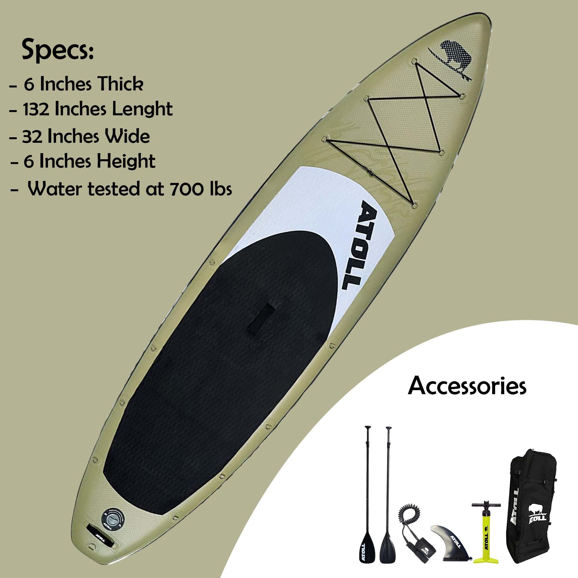 Atoll Inflatable Paddle Board with Premium SUP Stand Up Paddle Board Accessories & Back Pack, Non-Slip Comfort Deck for Unisex Adult - 11ft (Desert Sand)