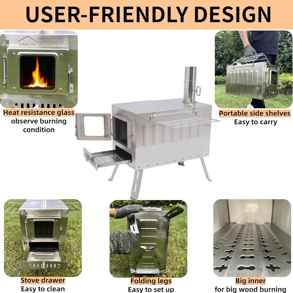 DANCHEL OUTDOOR B6 4 Season Glamping Wall Tent w/Large Wood Stove Camping, No Center Pole, Higher Side Wall, 900D Flame Retardant Oxford for 4 Person Yurt Cabin Tent,13ft/4m