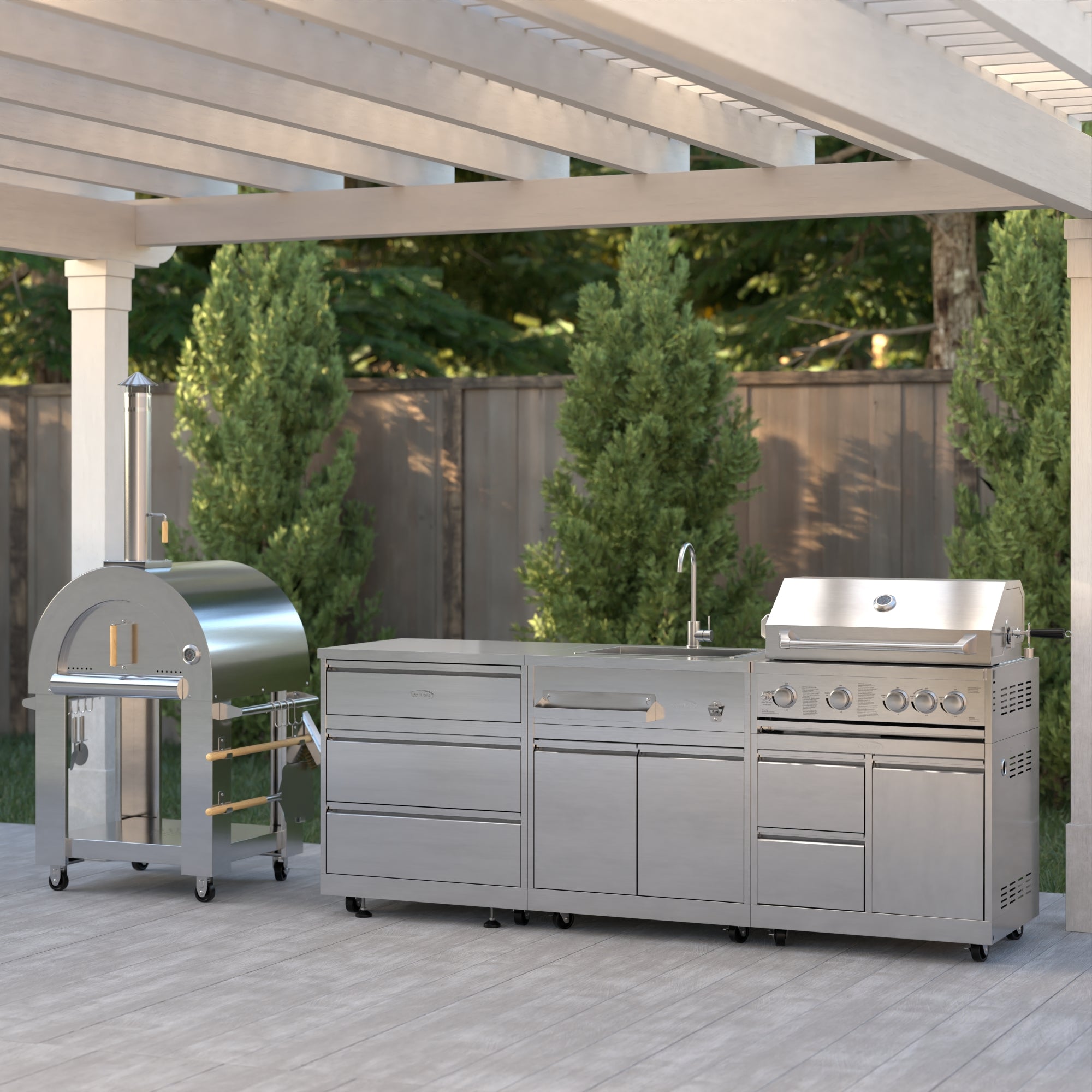 KoolMore Outdoor Kitchen Series Modular Kitchen with a Wood fire Pizza Oven, 3 Drawer Cabinet,  Sink, 30 in. BBQ Grill and Cabinet in Stainless-Steel