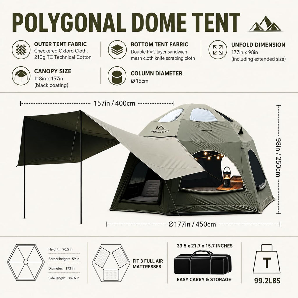 SENLEETO Inflatable Tents for Camping 6-8 People,174.81 Square Feets Igloo Tent, Inflatable Hot Tent with Stove Jack 4 Season Blow up Tents Waterproof Glamping