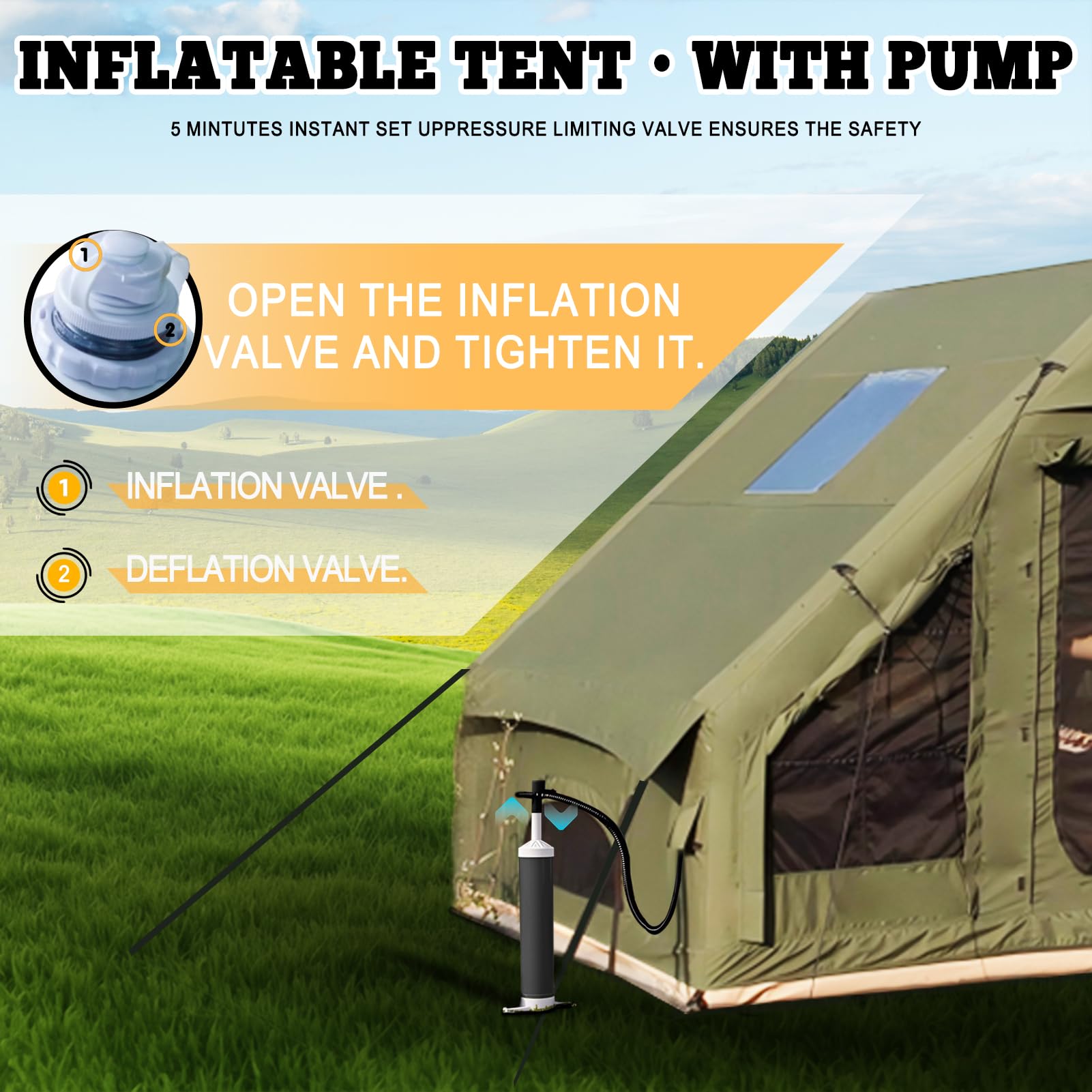 Inflatable Tent, Outdoor Easy Setup Inflatable Tents for Camping, Portable Blow Up Tent with Stove Jack, Cotton Canvas Material for Glamping, for 4 Season, 4/6/8/10 Person Use