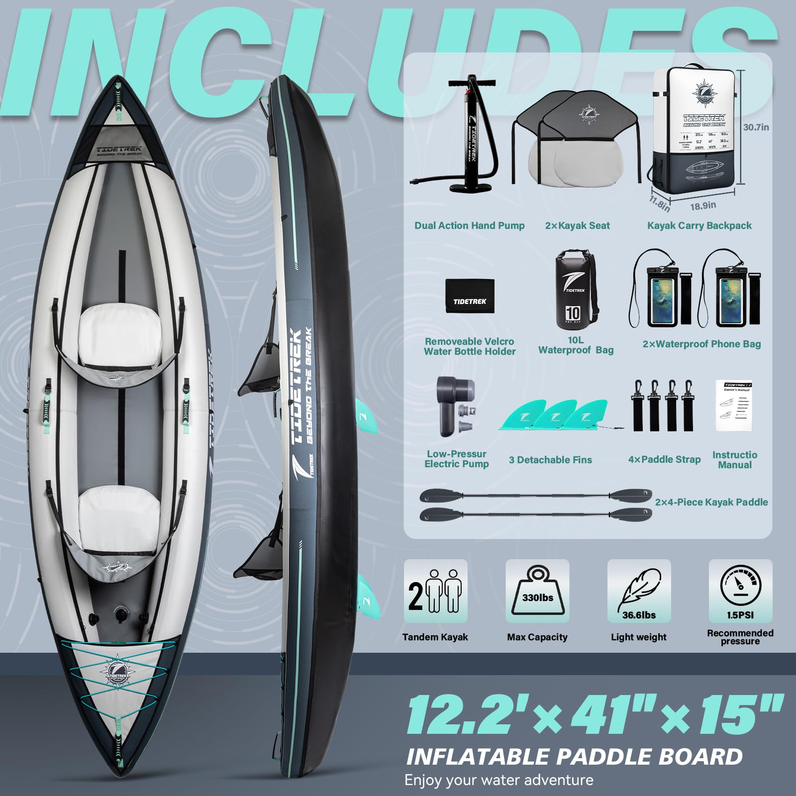 TIDETREK Inflatable Touring Kayak 1-Person & 2-Person with Waterproof Seat & Full Accessory Kit, Lightweight Recreational Kayak for Lake, River & Fishing (Storm Edge, 2-Person(Tandem))