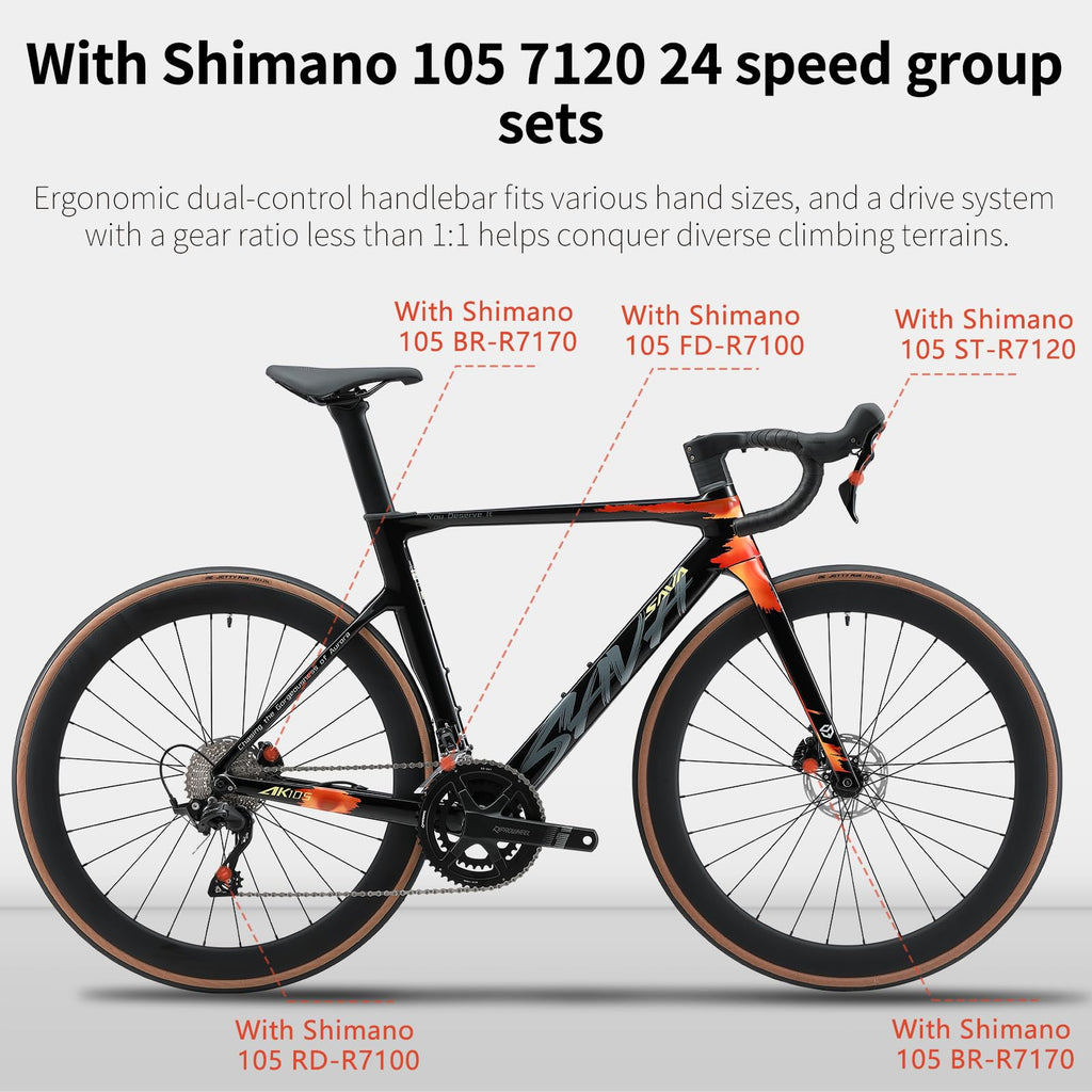 SAVADECK Carbon Fiber Road Bike, Hydraulic Oil Disc Bike with Carbon Fiber Frame and Wheelset, Lightweight Full Carbon Racing Bicycle with Shimano R7120 24S Shift Set for Adults(Twilight-Orange,47cm)