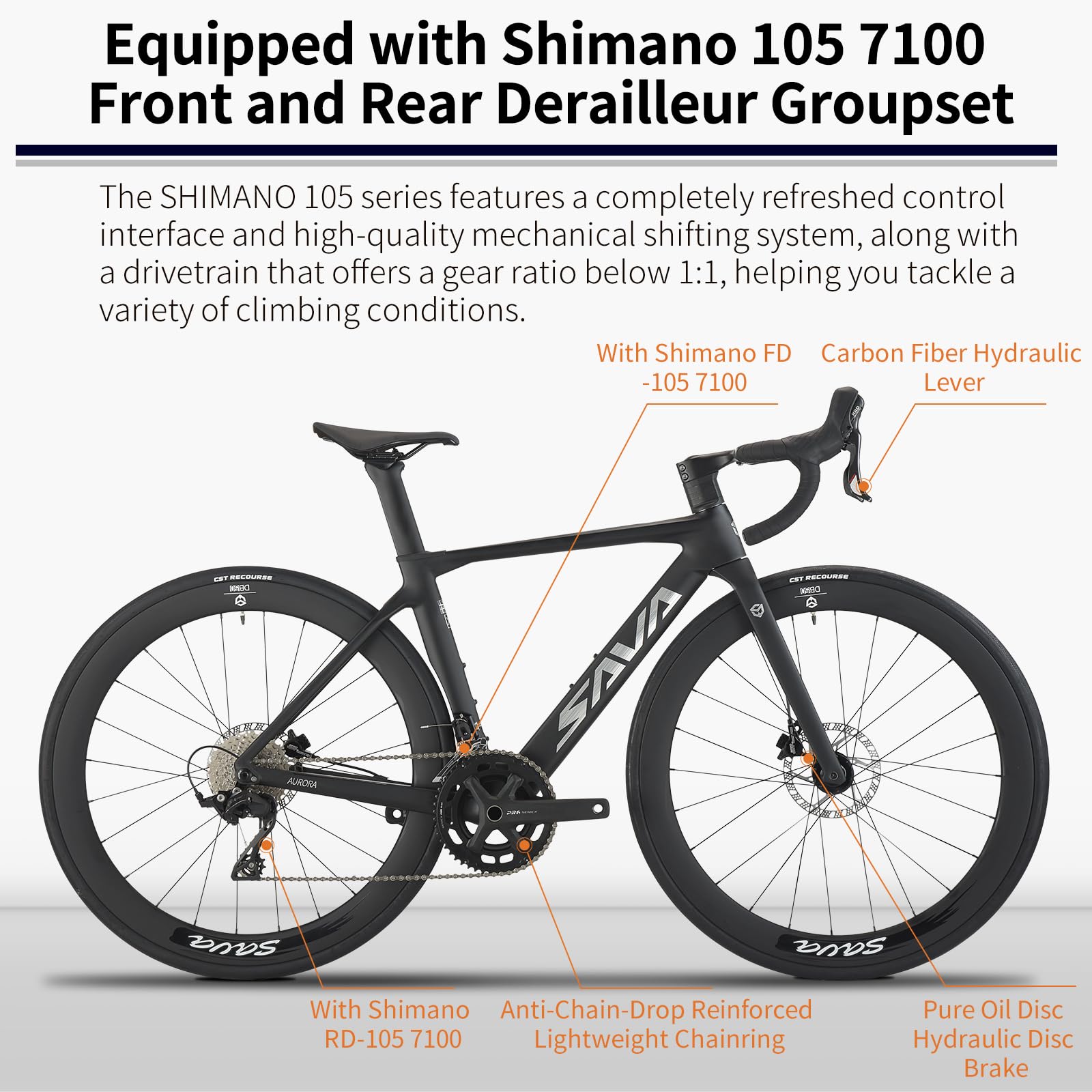 SAVADECK A7L Carbon Road Bike, T800 Carbon Fiber Frame 700C Racing Bicycle with Shimano 105 R7100 24 Speed Groupset and Hydraulic Disc Brake, Ultra-Light Carbon Bike for Man and Women(White,54CM)