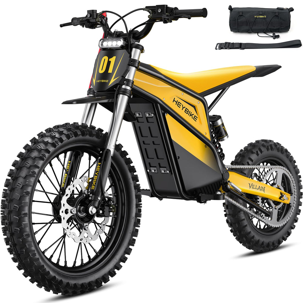Heybike Villain Electric Dirt Bike, 4160W E Dirt Bike with 52V 26AH Battery, 14"/12" Fat Tire Electric Motorcycle for Teens, Max 45MPH Ebike with Reversing Function(with Crossbody Bag; Yellow&Black)