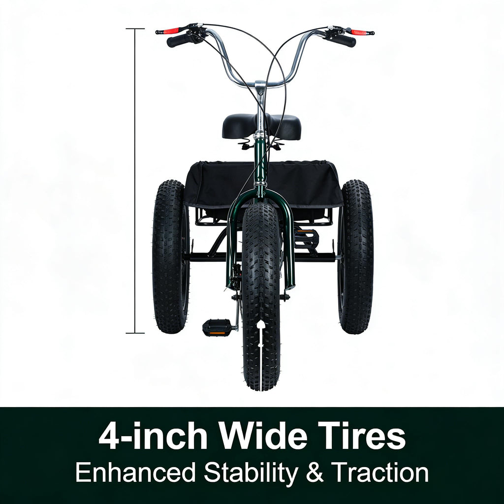 nawoefii Fat Tire Tricycle for Adults 20 Inch, 3 Wheel Bike for Adults Men Women, 7 Speed Cruise Trike with Big Basket, 450 LBS Load All Terrain Heavy Duty Three-Wheeled Cargo Bicycle
