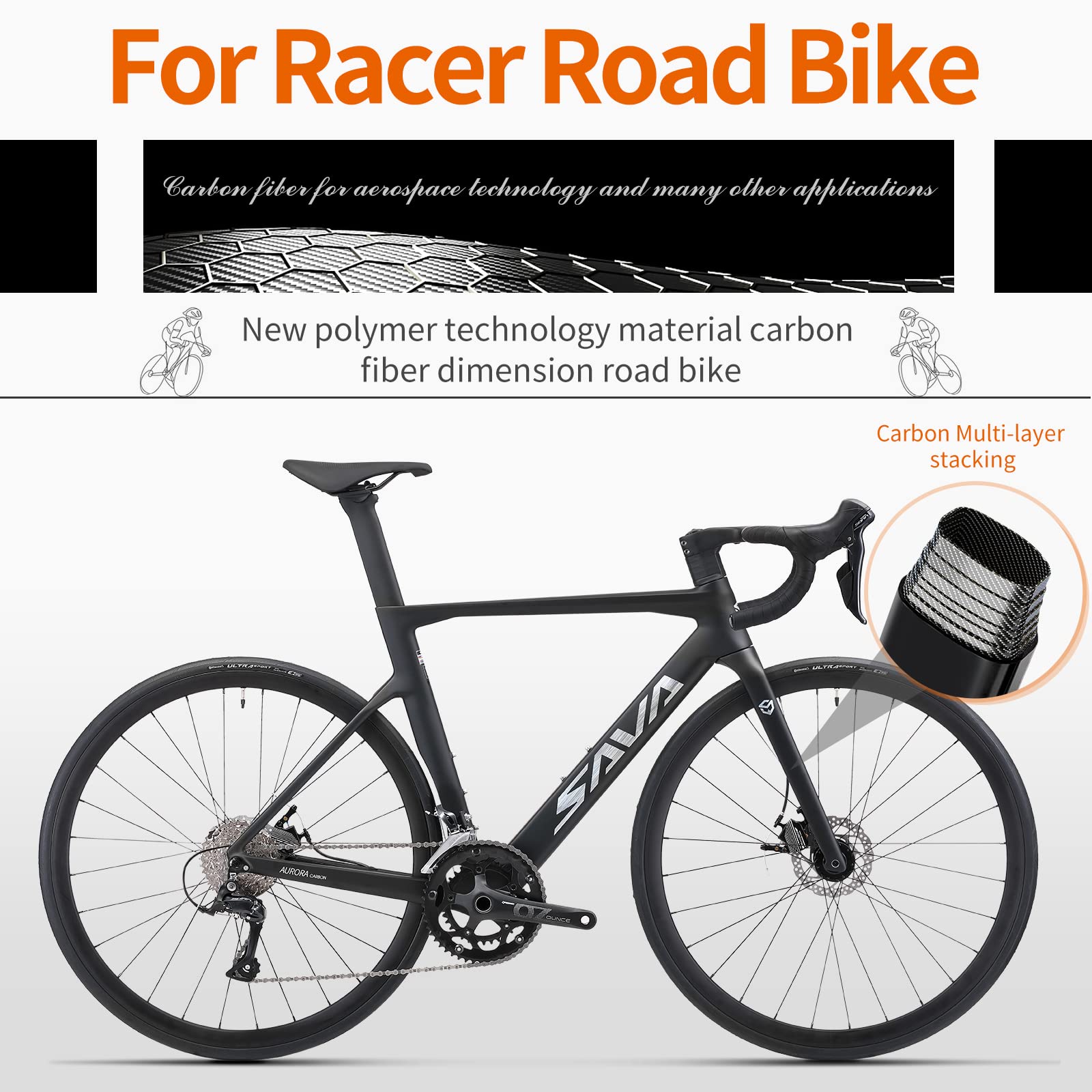 SAVADECK Carbon Disc Road Bike, Integrated Design Racing Bicycle Carbon Frame Carbon Fork with Shimano SORA R3000 Derailleur System 18 Speed Disc Brake Road Bike for Men or Women(Black,56cm)