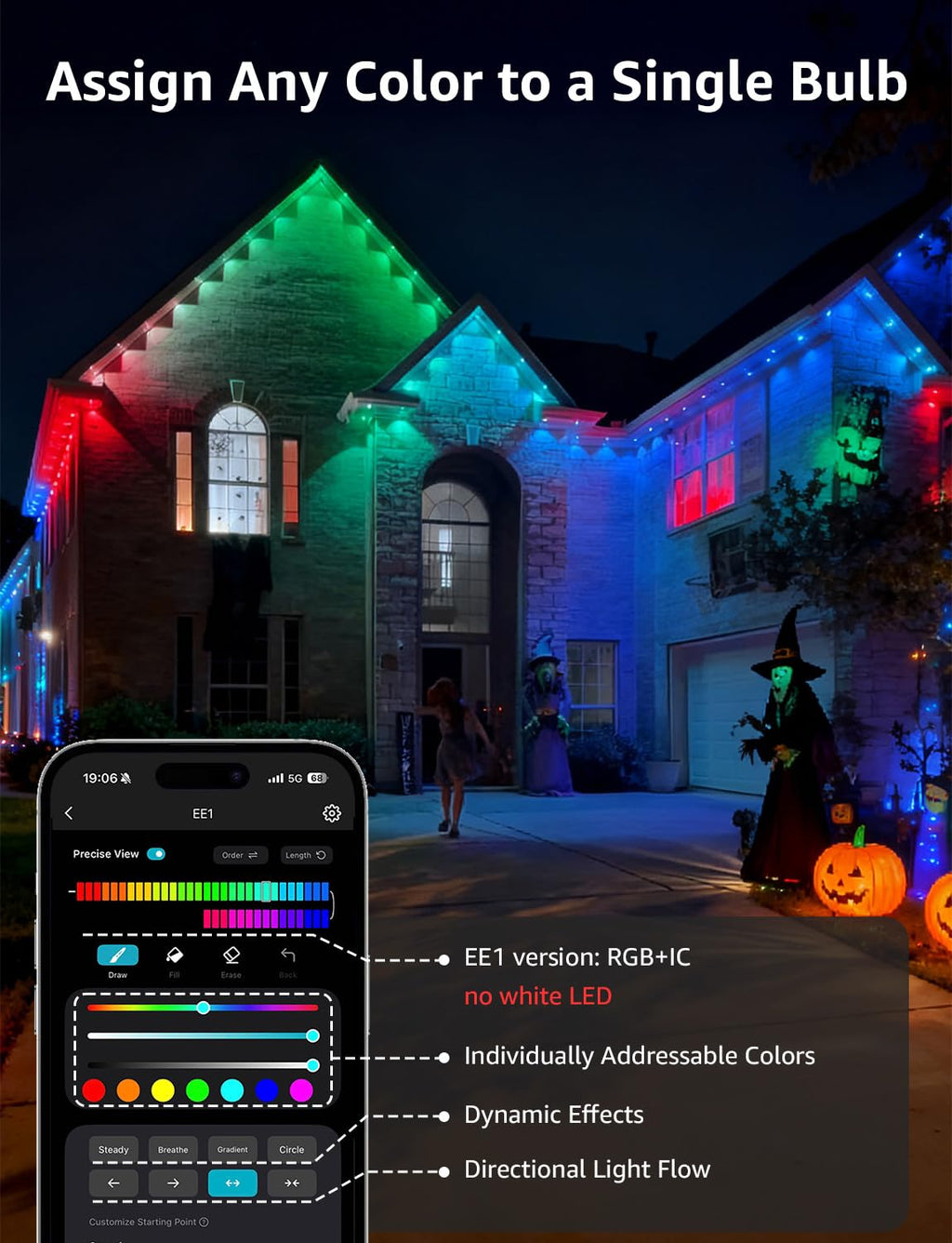 Lepro EE1 AI Permanent Outdoor Lights with Dual-Output, 300ft 180 LED RGB+IC Smart Outside Light for House Christmas Decor,Alexa Google Enabled 2.4 GHz WiFi/Bluetooth, APP Control No Remote Controller