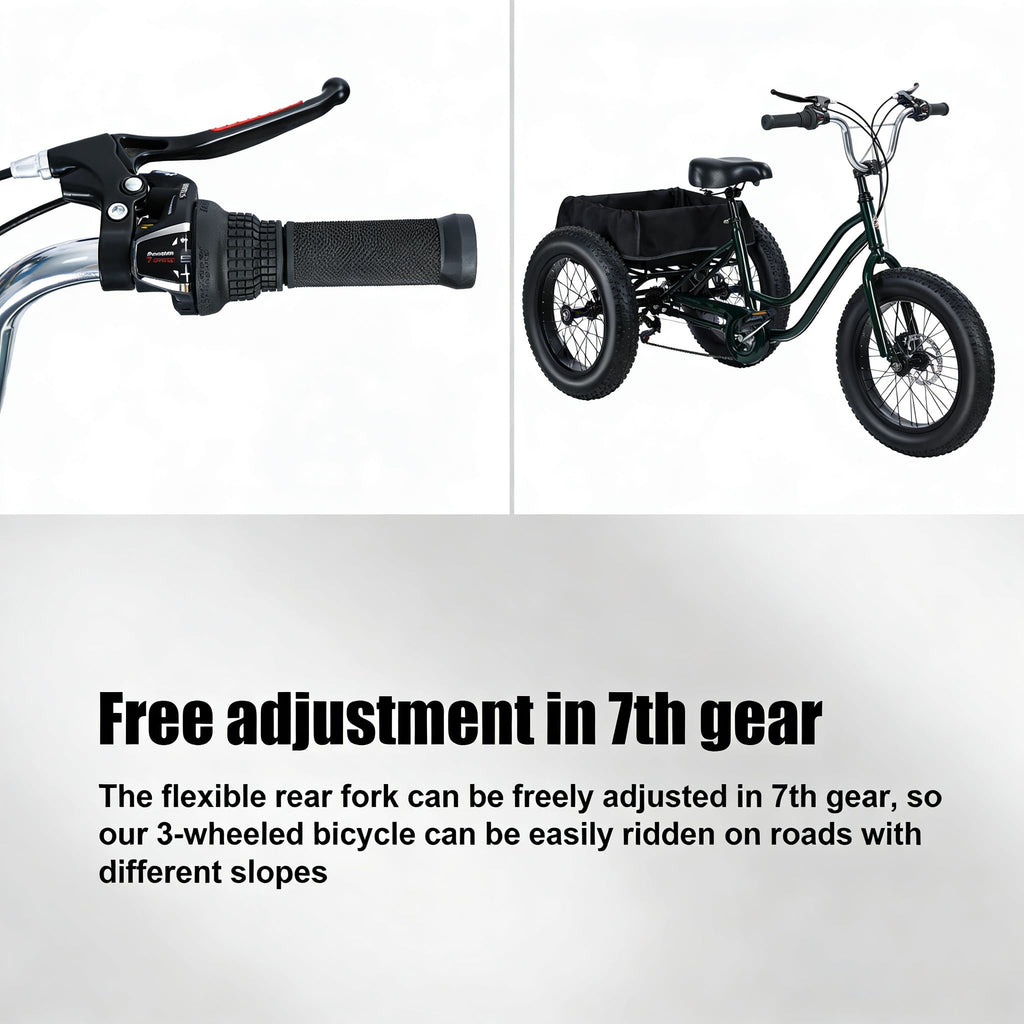 nawoefii Fat Tire Tricycle for Adults 20 Inch, 3 Wheel Bike for Adults Men Women, 7 Speed Cruise Trike with Big Basket, 450 LBS Load All Terrain Heavy Duty Three-Wheeled Cargo Bicycle
