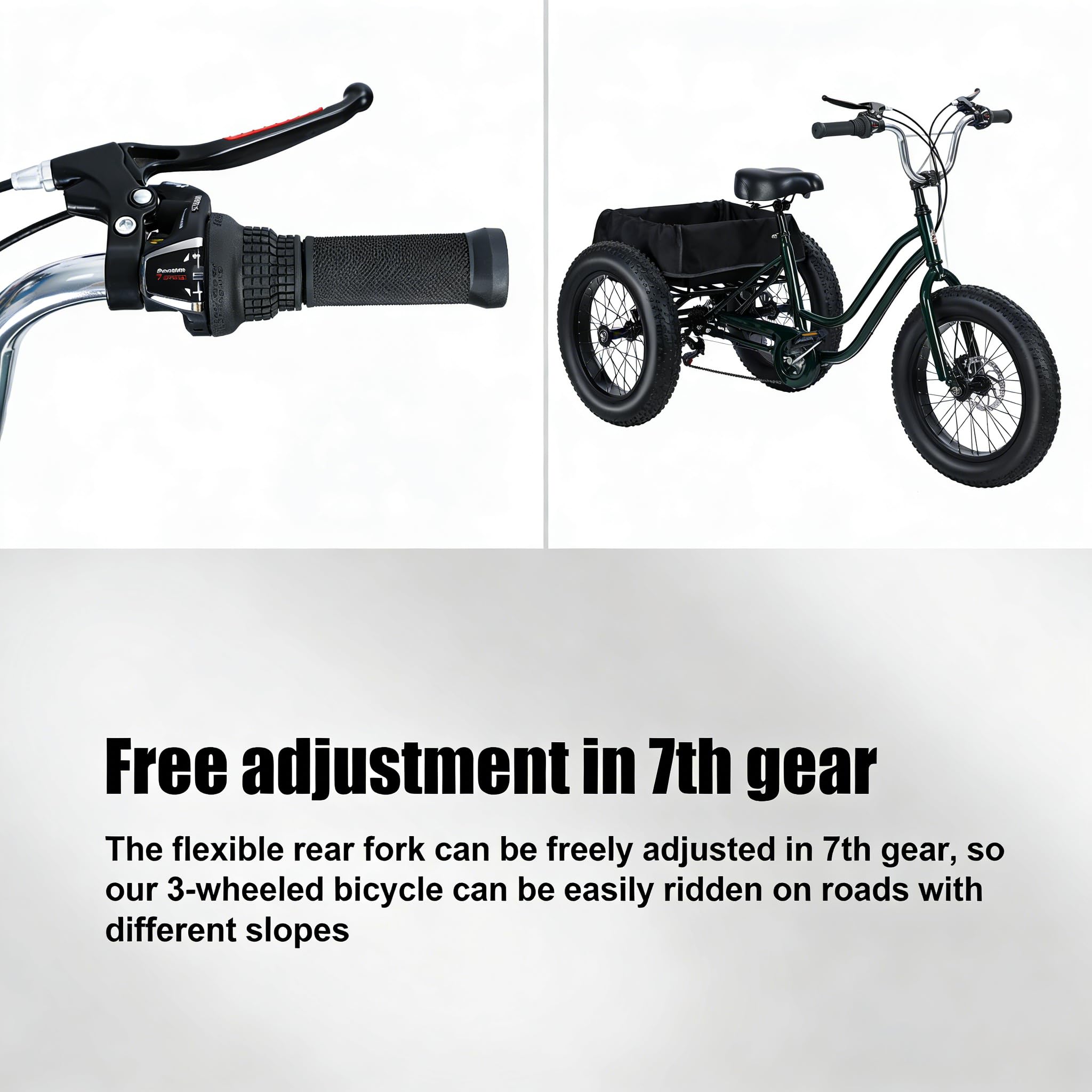 nawoefii Fat Tire Tricycle for Adults 20 Inch, 3 Wheel Bike for Adults Men Women, 7 Speed Cruise Trike with Big Basket, 450 LBS Load All Terrain Heavy Duty Three-Wheeled Cargo Bicycle