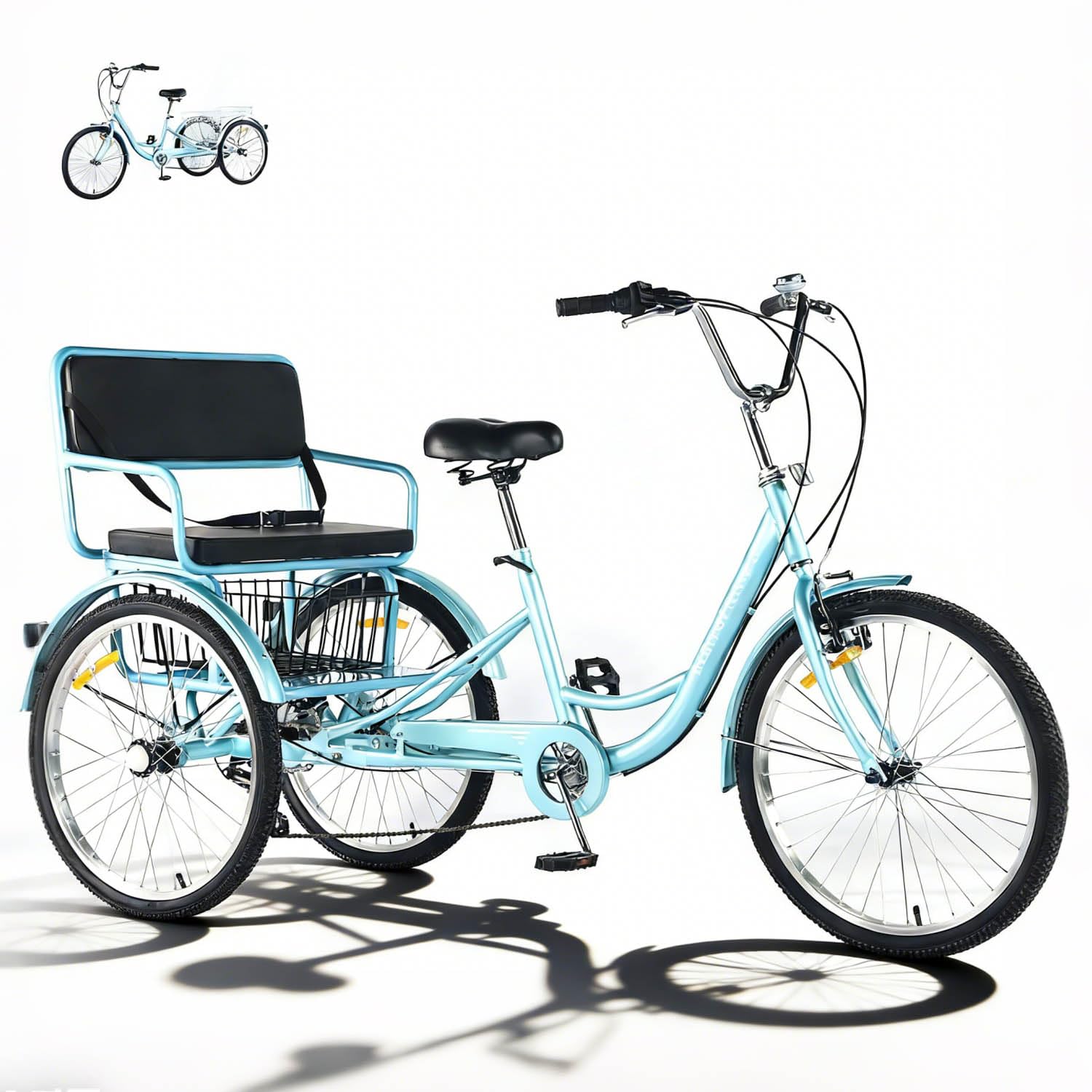 Adult Tricycle 7 Speed 24 Inch Trike, 3 Wheel Bikes Extended Rear wheelbase Trikes Wheel Bike with Rear Basket and Rear Seat, for Women,Men,Seniors,Maximum Load 550lbs (Blue)