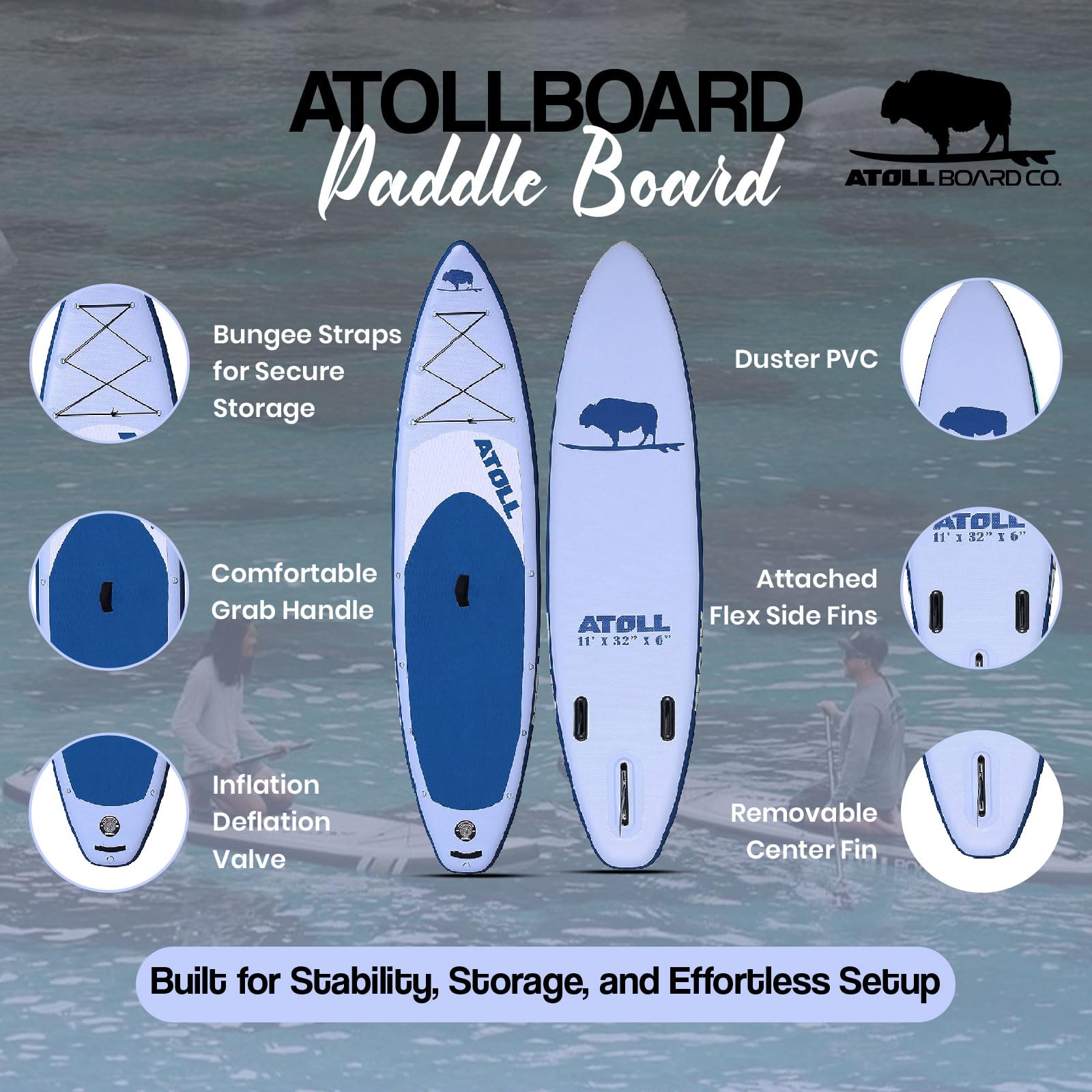 Atoll Inflatable Paddle Board with Premium SUP Stand Up Paddle Board Accessories & Back Pack, Non-Slip Comfort Deck for Unisex Adult - 11ft (Light Blue)