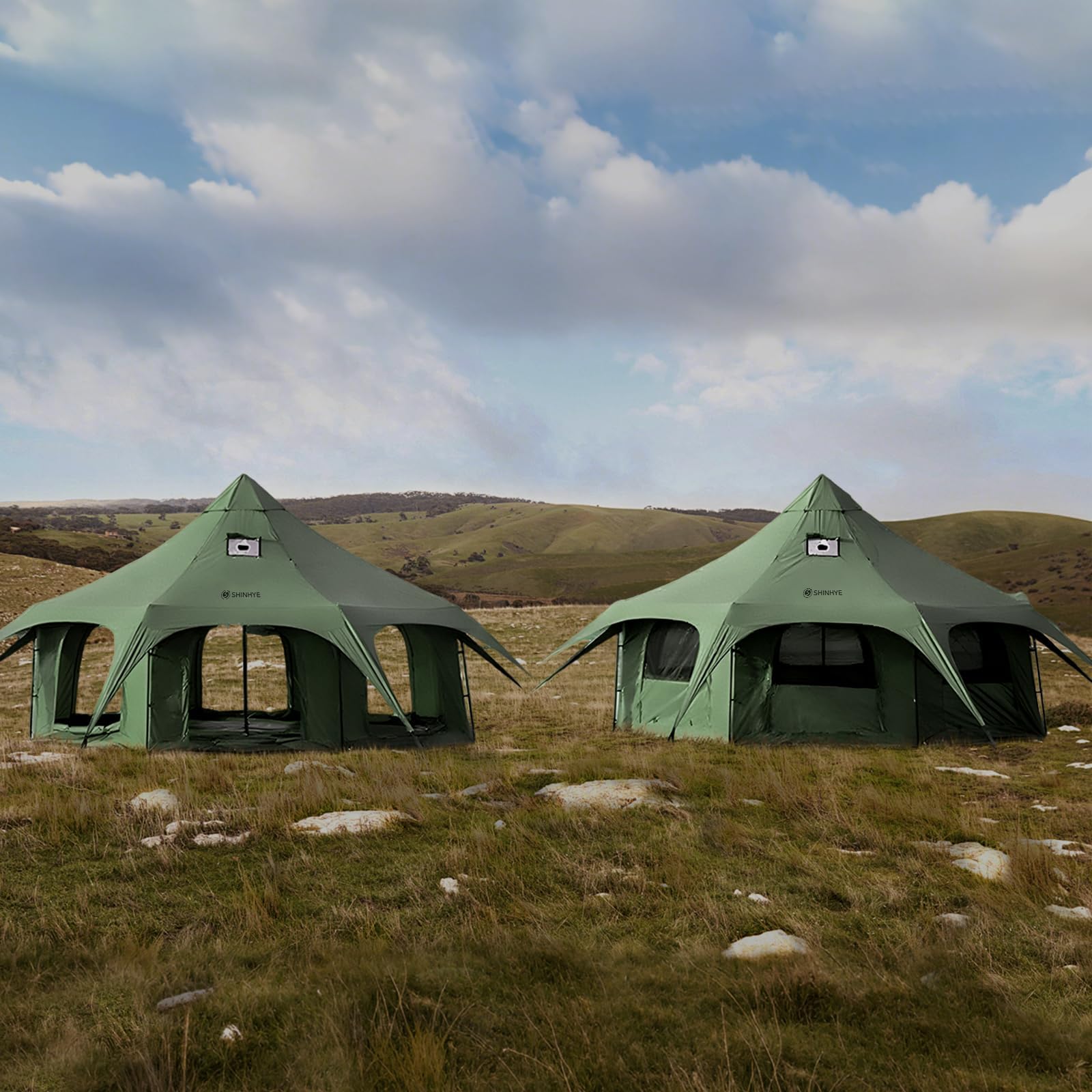 ShinHye 16.4ft Bell Tent for Glamping & Camping – Waterproof Canvas with Stove Jack, Removable Floor & 8 Mesh Windows (Fits 6-8 People)