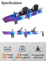 Upgraded Brooklyn 13.5 Tandem Pedal Kayak by BKC, 2 Person Sit-On-Top Pedal Drive Kayak, 680 lb Capacity, Dual Flipper Pedals, Rudder Steering, for Fishing & Touring (Storm Surge)