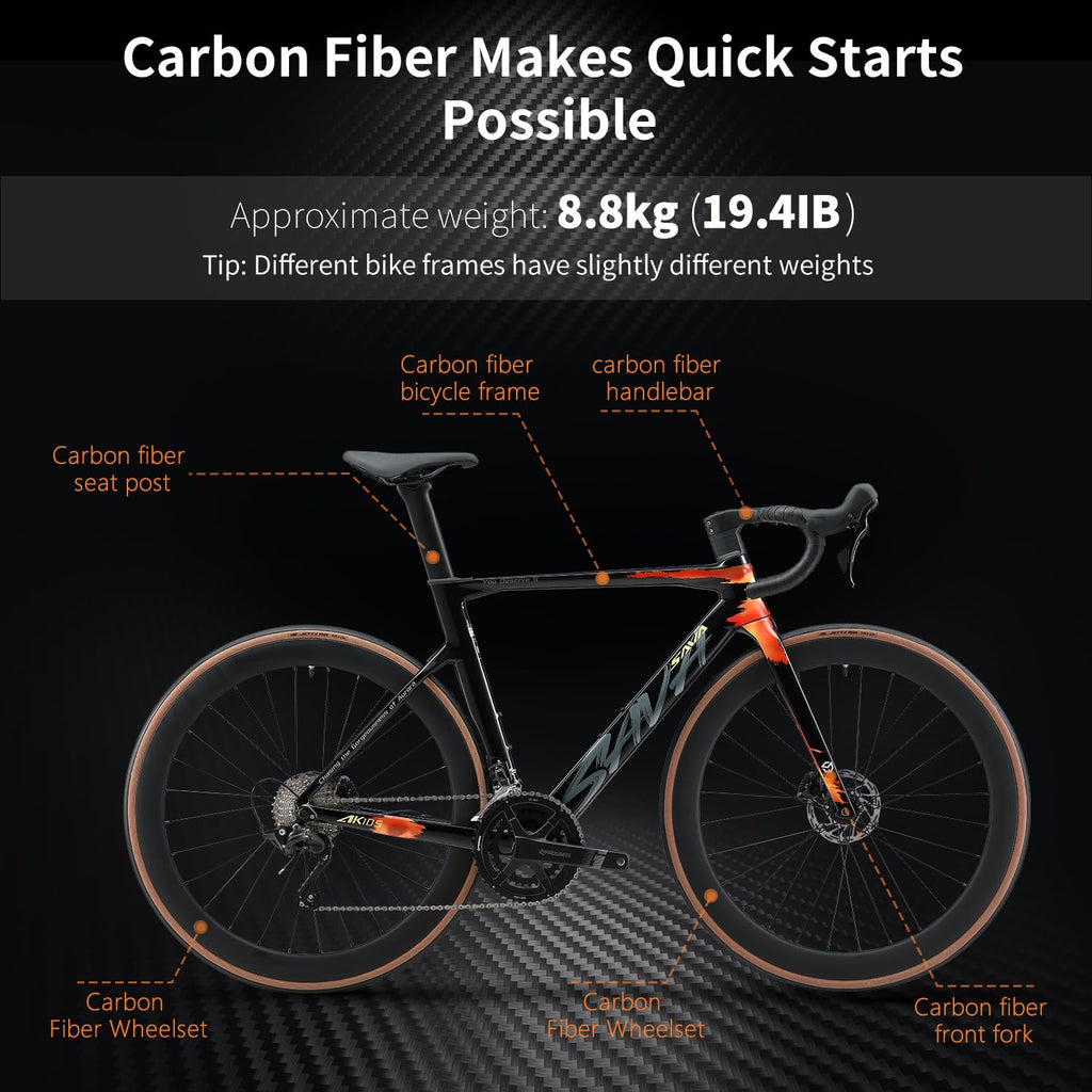 SAVADECK Carbon Fiber Road Bike, Hydraulic Oil Disc Bike with Carbon Fiber Frame and Wheelset, Lightweight Full Carbon Racing Bicycle with Shimano R7120 24S Shift Set for Adults(51CM,Twilight-Orange)