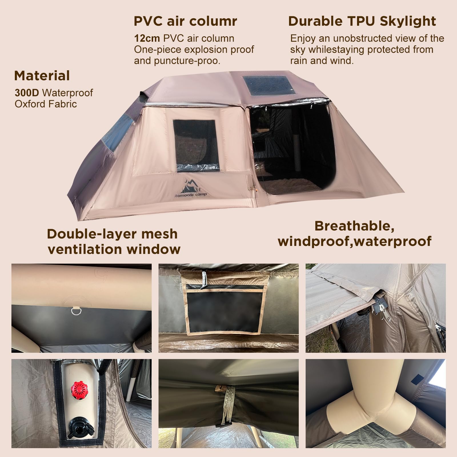 Romantic Camp Inflatable Camping Tent with Pump,8-10 Person Waterproof Blow Up Air Tent for Camping Hiking,Easy to Set Up 4-Season Inflatable House Tent with Oversized Canopy