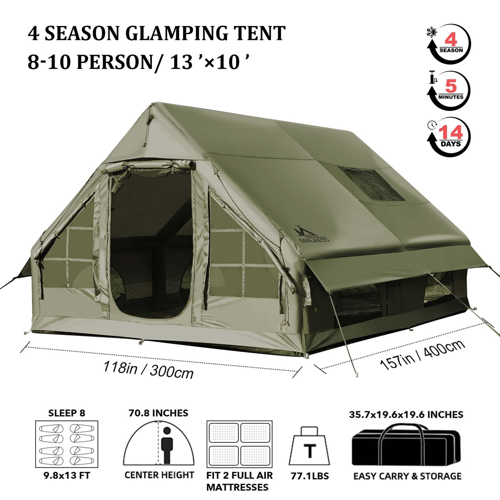 13' x 10' Inflatable Camping Tent for 8-10 Person, 4 Season Blow Up Tents with Waterproof pad, Easy Set-Up Glamping Inflatable Hot Tent with Stove Jack for Camping Adult