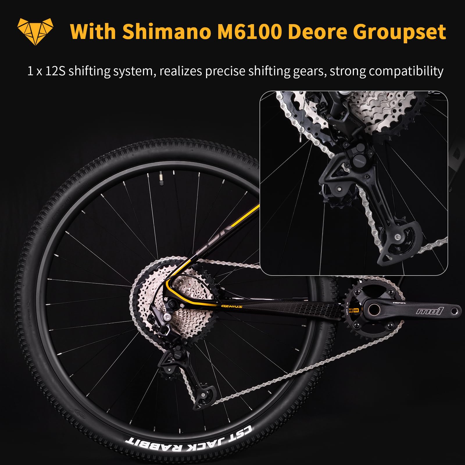 TRIFOX Carbon Fiber Mountain Bike with Shimano M6100 Deore Groupset 12-Speed,Carbon Fiber Frame,Hydraulic Fork 130mm Travel,29er Mountain Bike for Adult 17/19 inch (Obsidian Yellow, 29er * 17 inch)