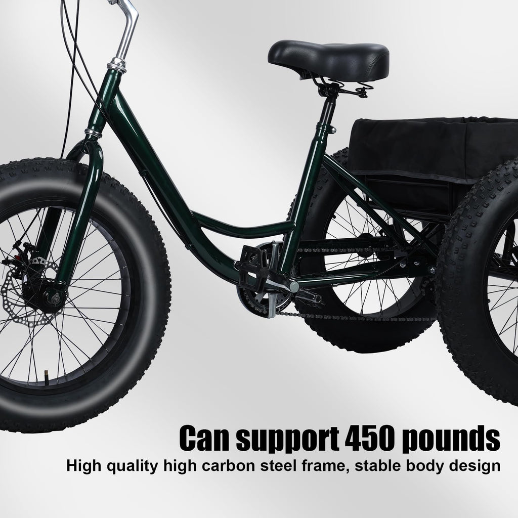 Adult Tricycle, 20 Inch Fat Tire Trike for Adults, 20" X 4" Tires, 7 Speeds, Loads 450lbs, Double Disc Brake, Anti-Slip Pedals, 3 Wheel Bikes for Adult, Large Shopping Basket for Commuting (BlackB)