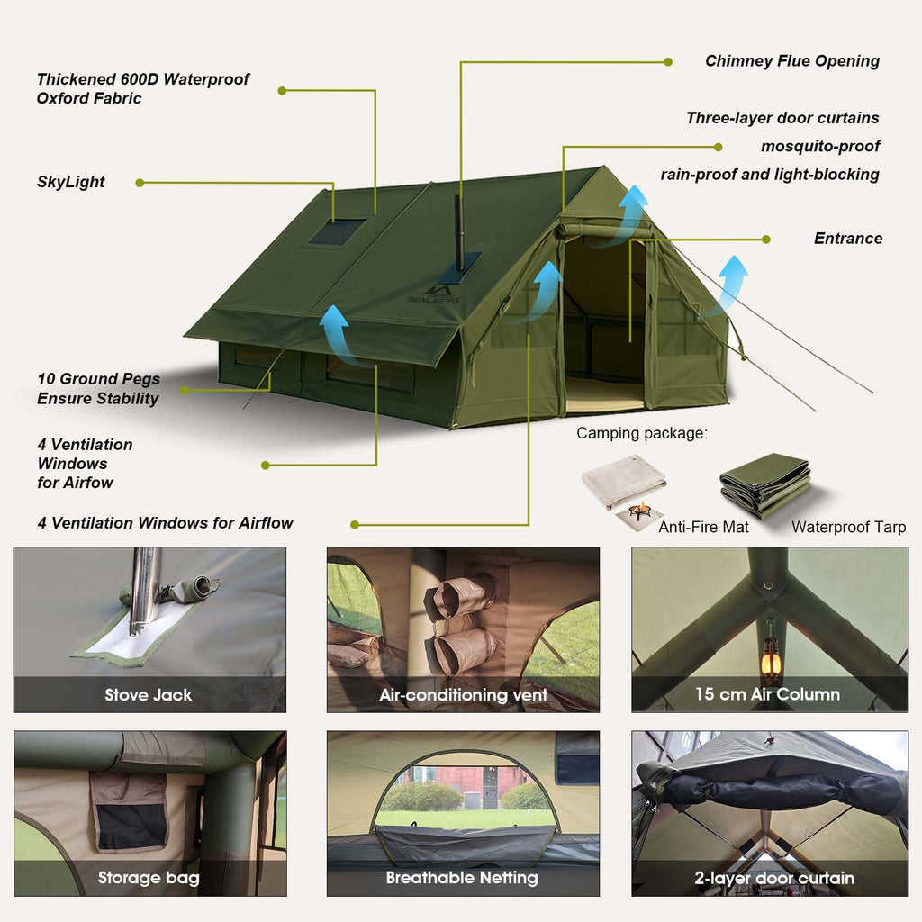 13' x 10' Inflatable Camping Tent for 8-10 Person, 4 Season Blow Up Tents with Waterproof pad, Easy Set-Up Glamping Inflatable Hot Tent with Stove Jack for Camping Adult