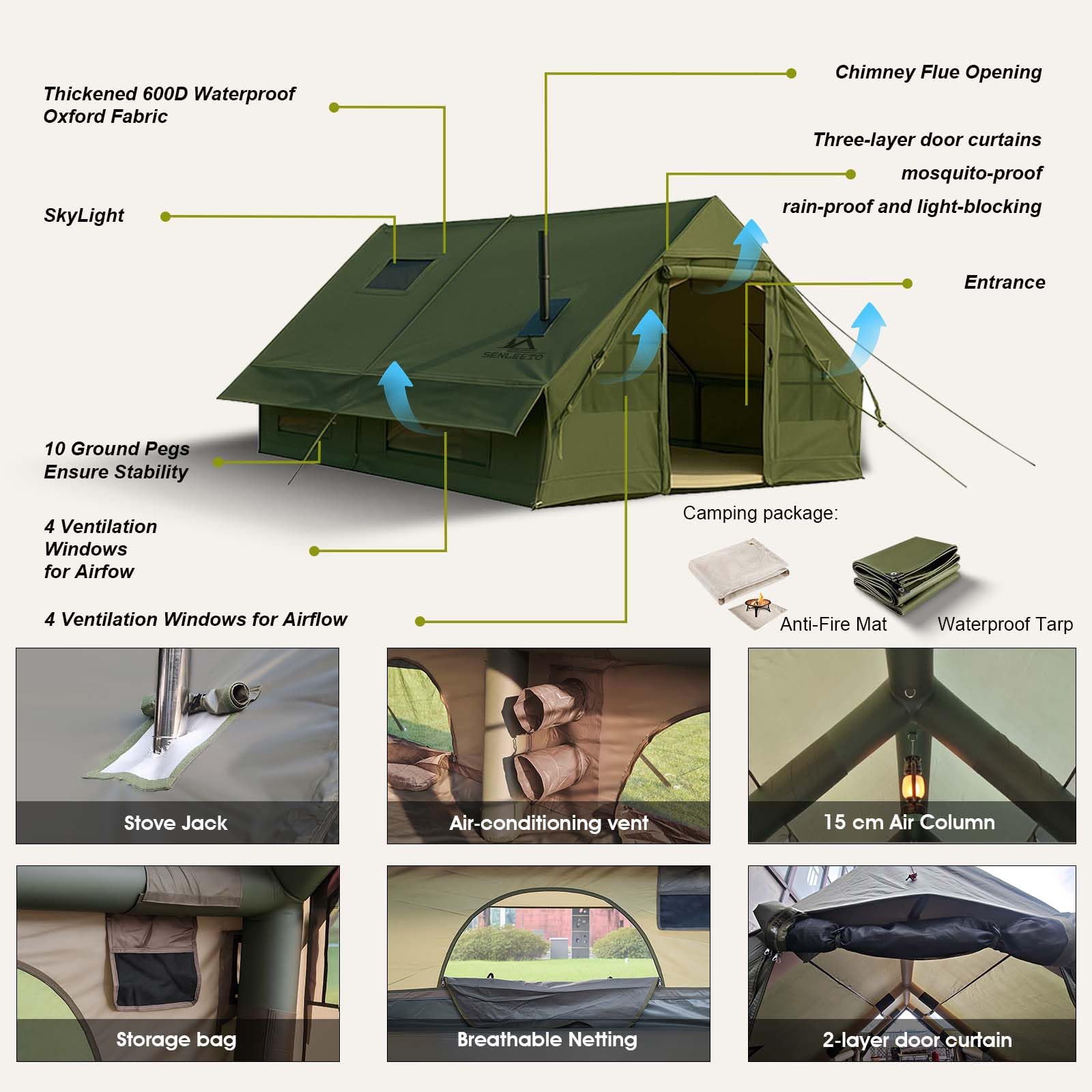 13' x 10' Inflatable Camping Tent for 8-10 Person, 4 Season Blow Up Tents with Waterproof pad, Easy Set-Up Glamping Inflatable Hot Tent with Stove Jack for Camping Adult