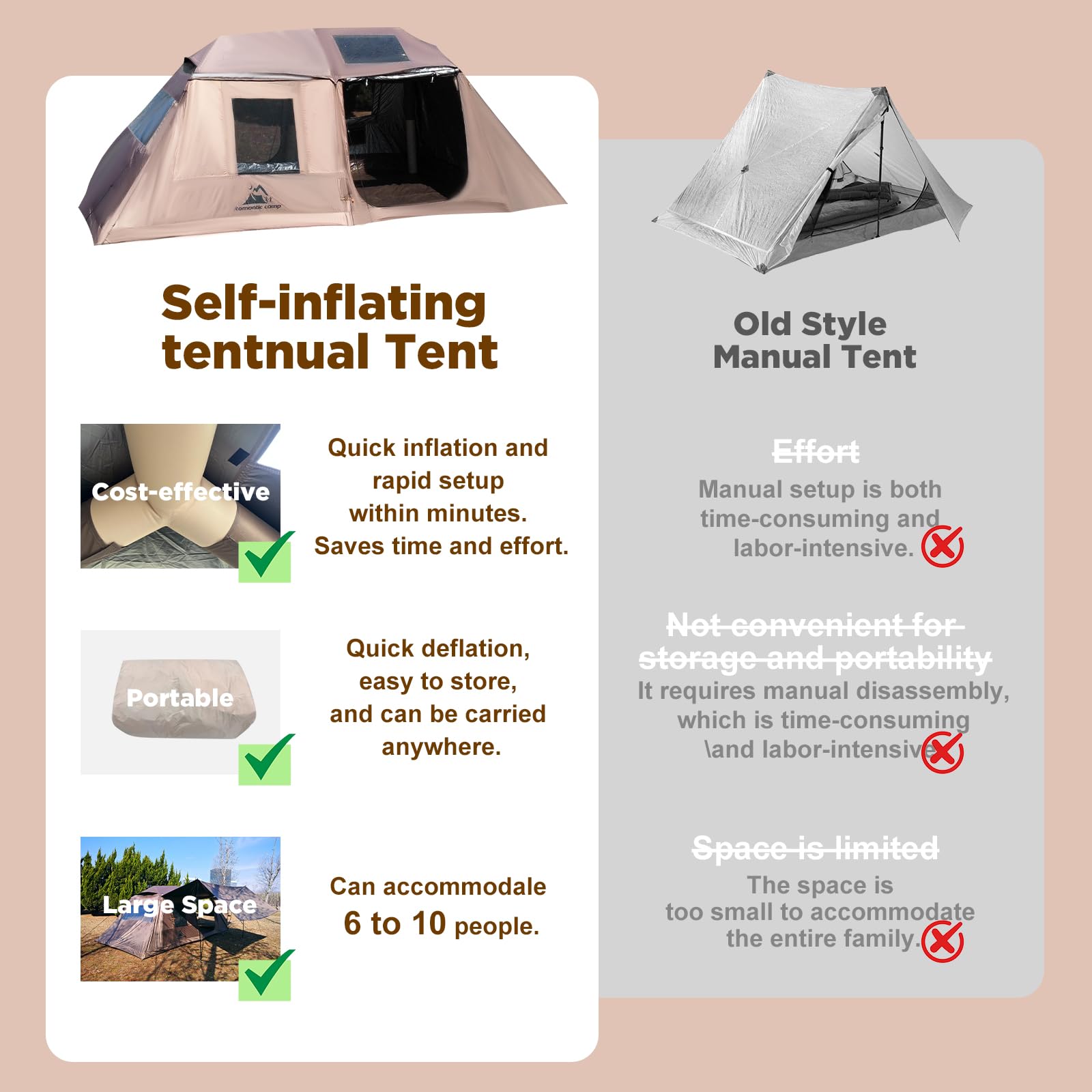Romantic Camp Inflatable Camping Tent with Pump,8-10 Person Waterproof Blow Up Air Tent for Camping Hiking,Easy to Set Up 4-Season Inflatable House Tent with Oversized Canopy
