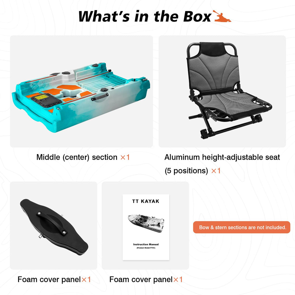 Modular Middle Extension Section-with Adjustable Height Seat, Converts Single to Tandem Fishing Kayak, Compatible with 110in Modular Sit-on-Top Kayak (2-Person Kayak-Only Middle Section)