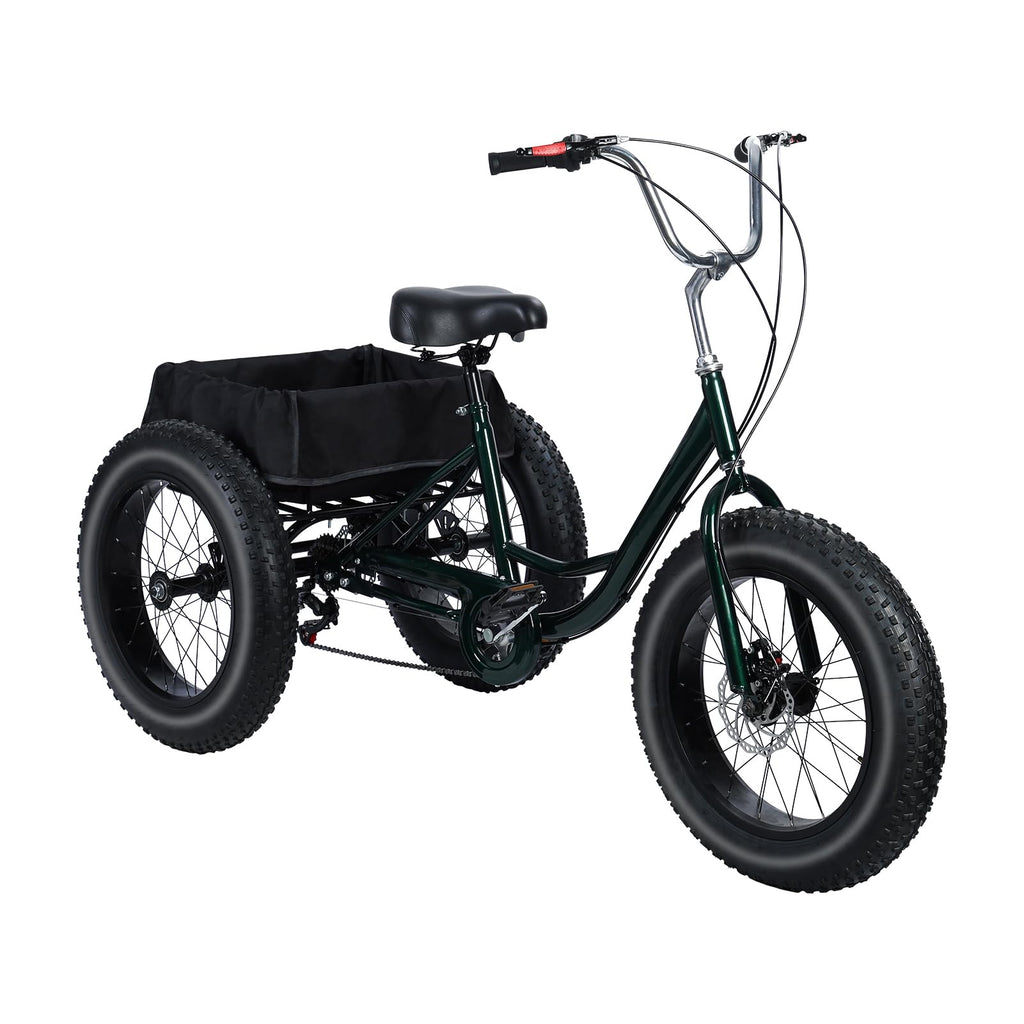 20 Inch Fat Tire Adult Tricycle, 7-Speed Heavy-Duty, 450lb Capacity,Large Cargo Basket, Dual Disc Brakes, Comfort Seat for Seniors,3 Wheel Bike with Spacious Shopping Basket Black 172cm/67.72", W: 85