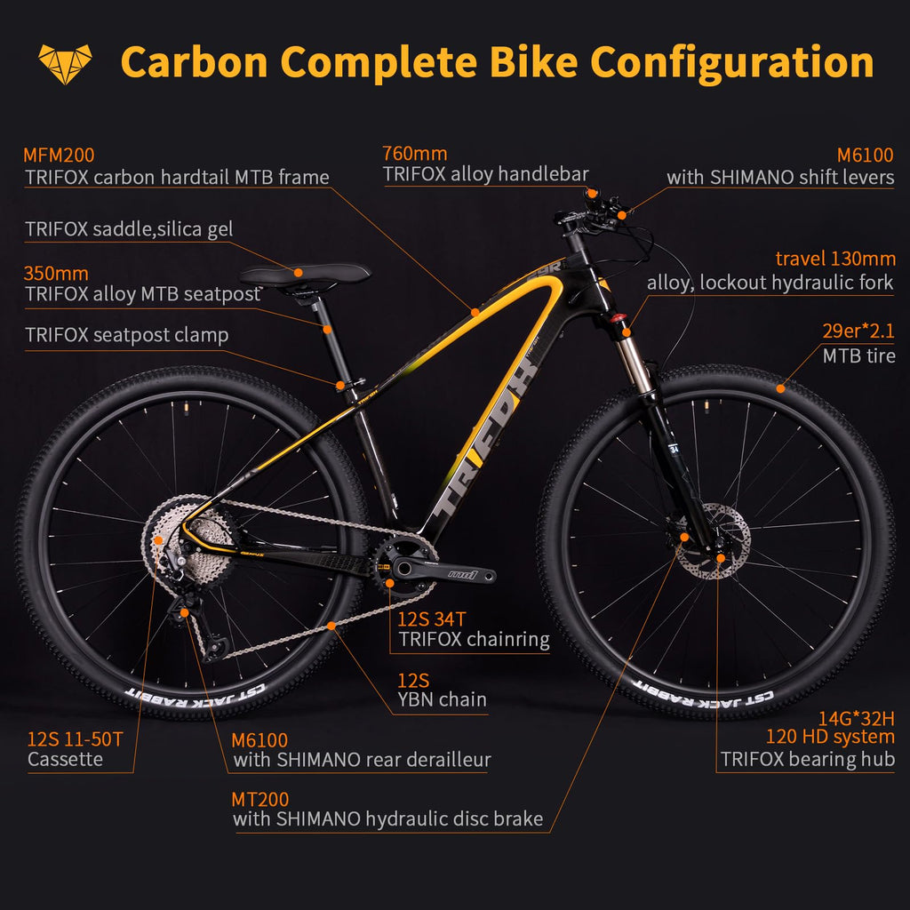 TRIFOX Carbon Fiber Mountain Bike with Shimano M6100 Deore Groupset 12-Speed,Carbon Fiber Frame,Hydraulic Fork 130mm Travel,29er Mountain Bike for Adult 17/19 inch (Obsidian Yellow, 29er * 19 inch)
